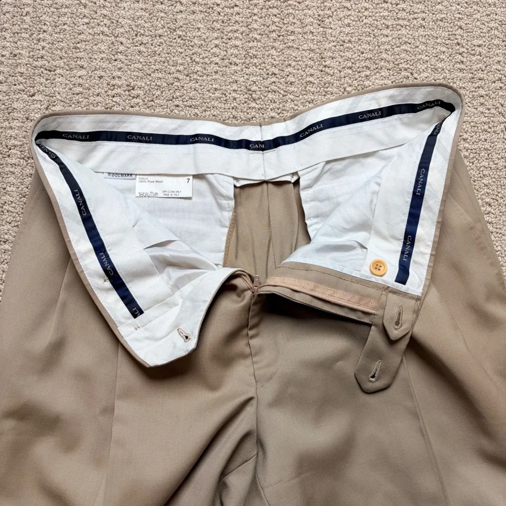 Canali Size 36 (33x30) 52 Pleated Pure Wool Dress Pants Tan Cuffed Made in Italy